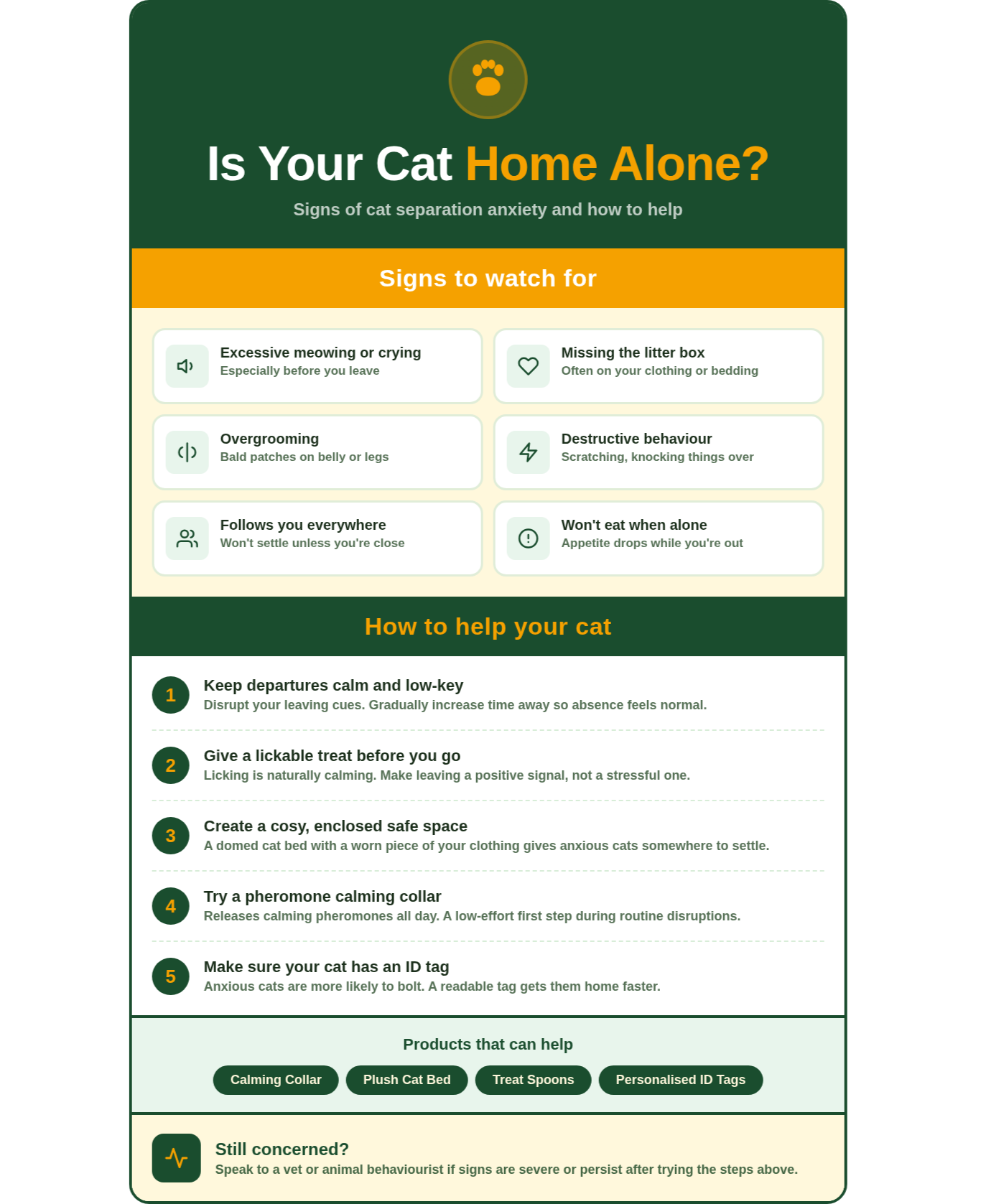 Cat separation anxiety infographic showing 6 warning signs and 5 tips to help your cat feel calm when home alone